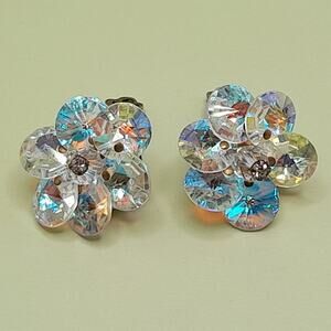 Vintage Aurora Borealis Flat Crystal Earrings, 1950s, 1 Inch